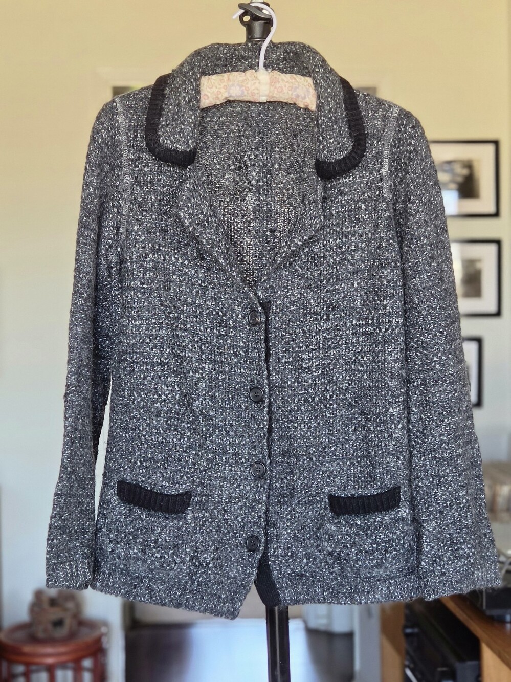 Prada Milano Women’s Gray Knit Button-Front Jacket with Black Trim